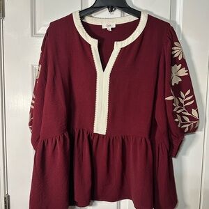 Oddi Burgundy Peasant Blouse with Cream Trim and Embroidered Sleeves